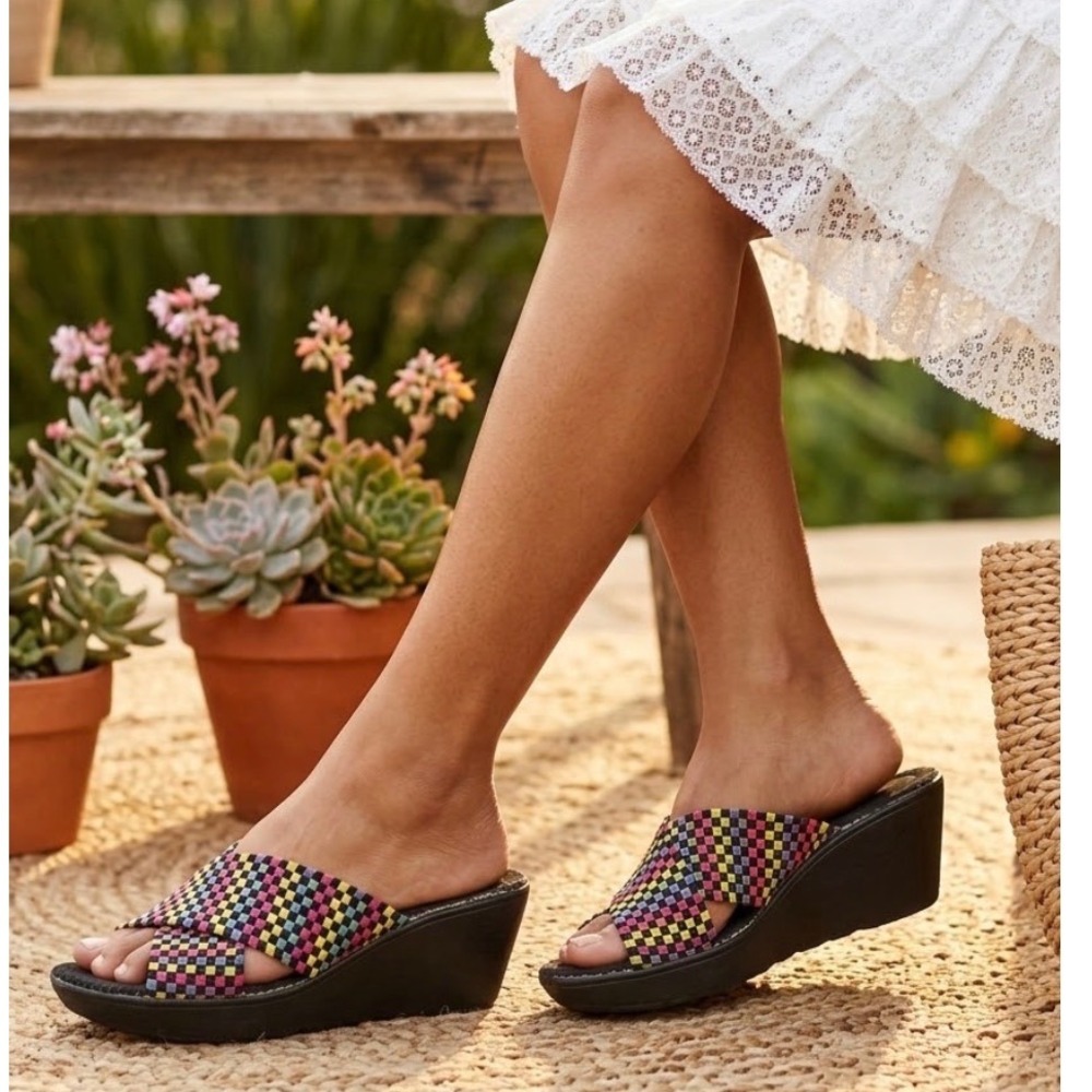 Soho Cobbler Multicolor Woven Elastic Wedge Slide Sandals Rainbow 90s Womens 11
